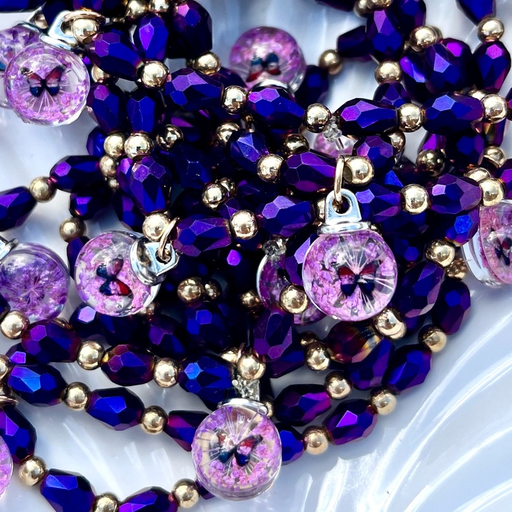 Iridescent Glass Beaded Bracelets With Butterfly Charm NWOT